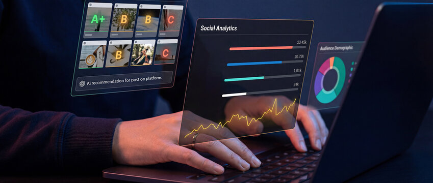 Social media analyst reviewing AI-driven content grading, analytics dashboard, and audience demographics. Marketer optimizing strategy on laptop with automated recommendations and engagement metrics