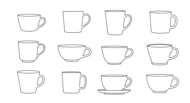 Simple set of diverse coffee and tea cup outlines in various shapes and sizes for kitchen and cafe brand identity.