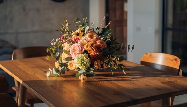 Warm Sunlight Illuminates a Vibrant Floral Arrangement of Peonies Roses and Eucalyptus on a Rustic Wooden Table Indoors