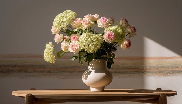 Still Life Arrangement of Delicate Pink Roses and Hydrangeas in a Textured Ceramic Vase on a Wooden Table Bathed in Soft Sunlight