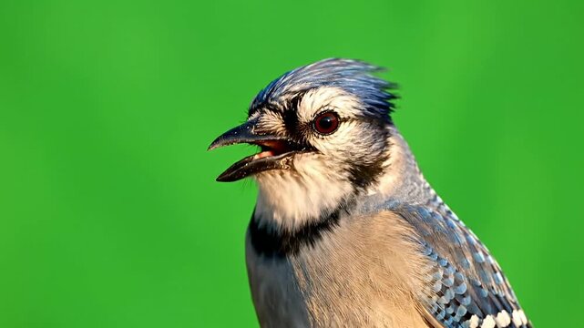 Close-up Profile of a Blue Jay Bird Perched Against a Green Background with Vibrant Feathers in Nature