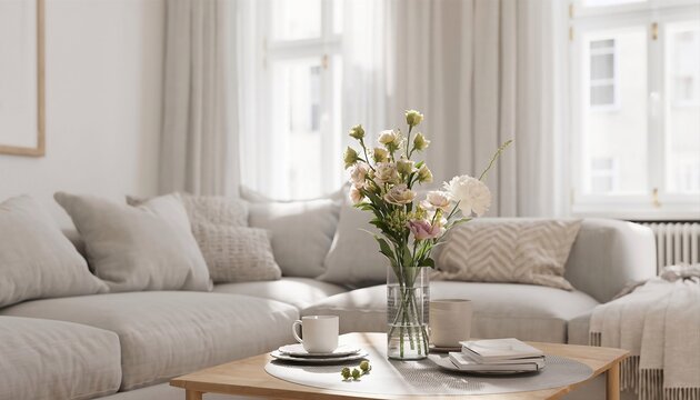 Bright and Airy Living Room with a Light Gray Sectional Sofa adorned with Cushions and a Blanket in Front of a Window with Soft Curtains and a Wooden Coffee Table Holding a Vase of Flowers and a