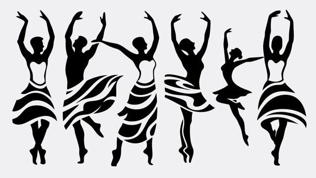 Group of dancers in striped skirts performing dynamic poses in silhouette
