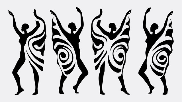 Four dancers in dynamic poses with tribal body paint performing on stage