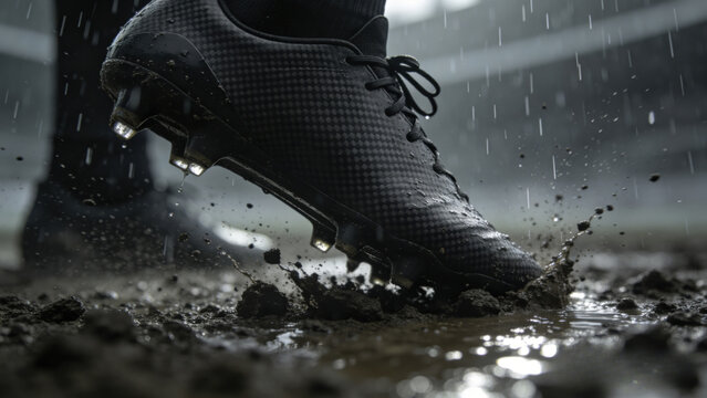 Football boot cleat digging into wet dirt