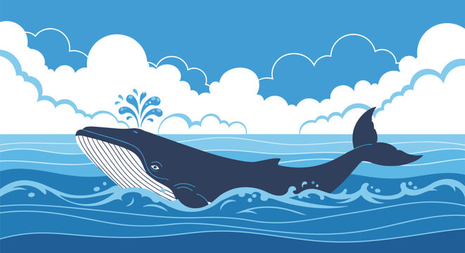 Large blue whale swimming in the ocean and spouting water from its blowhole against a scenic white cloudy sky background.