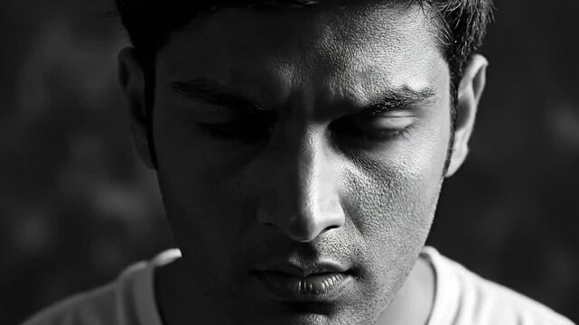 Intense Young Man Stares Directly Into Camera with Dramatic Lighting.