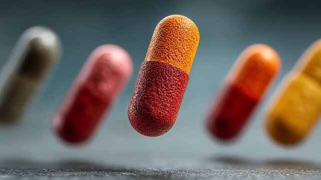 Zero people with textured two tone capsules floating in a cinematic macro style.