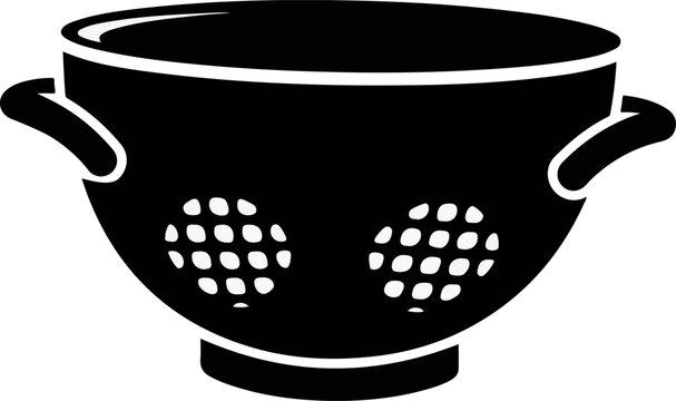 Simple black silhouette illustration of a kitchen colander used for straining pasta and rinsing fresh vegetables in the home kitchen