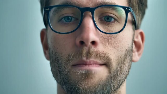 One young man with glasses taking a white medical pill in a bright macro style.