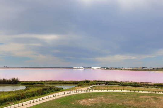 View from the medieval city wall over the salines of Aigues-Mortes in the south of France.