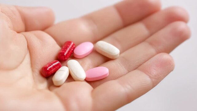 One person holding colorful medical pills and capsules in an open human palm.