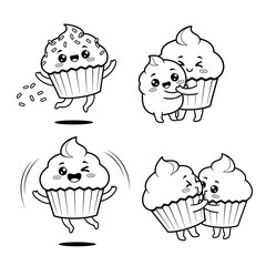 Cute Cupcake Characters in Black and White Line Art