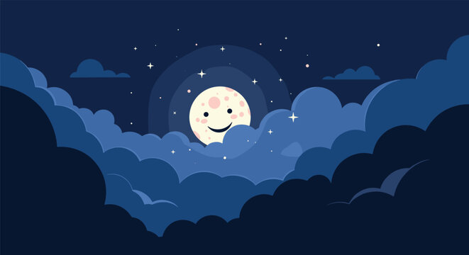 Cute illustration of a smiling moon peeking from behind dark blue fluffy clouds in a starry night sky for children's decor.