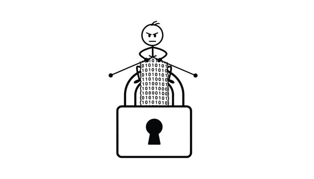 Stick figure works diligently to knit a binary code fabric while perched upon a locked security padlock.