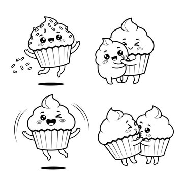 Cute Cupcake Characters in Black and White Line Art
