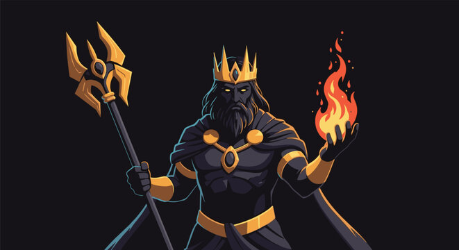 Powerful dark king character with golden crown and armor holding mystical trident and a ball of orange fire against dark background.