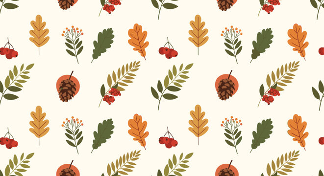 Seamless pattern design with autumn elements including colorful oak leaves, pinecones, rowan berries, and foliage on light cream background.