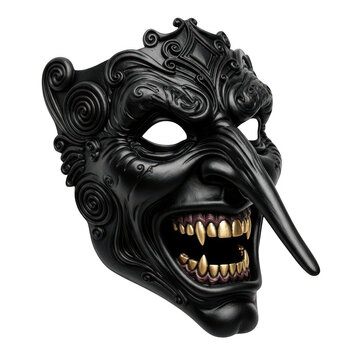 Ornate black mask with long nose and gold teeth isolated on a transparent background