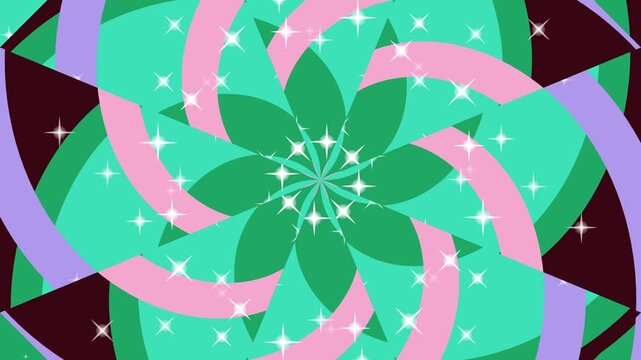 A vibrant green flower blooms with pink accents and white sparkles in a graphic illustration.