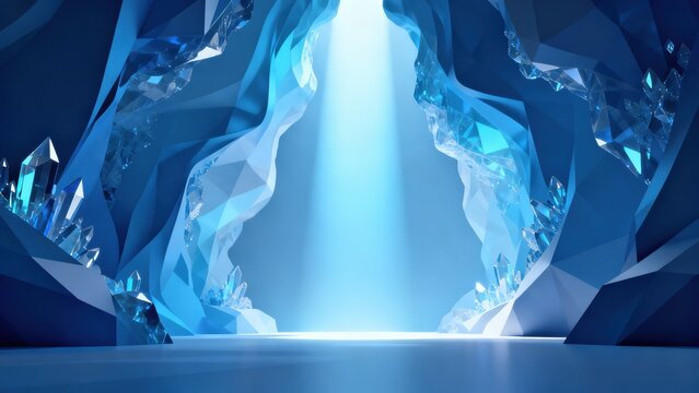 Blue crystal cave with light beam