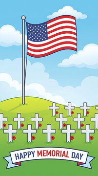 Memorial Day American Flags Over Cemetery with Crosses in Tribute to Veterans