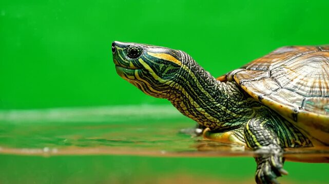 Close-Up Shot of a Turtle Swimming in Clear Water with a Vibrant Green Background