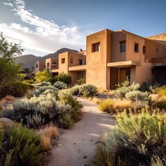 Fototapeta premium A desert landscape with modern adobe houses and shrubs