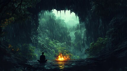 Fototapeta premium Meditating figure by campfire inside dark jungle cave entrance, lush green foliage, misty rain