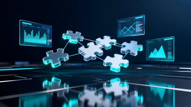 Futuristic puzzle pieces with data screens