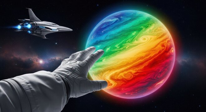 Astronaut's hand reaching toward a rainbow planet with a spaceship in space