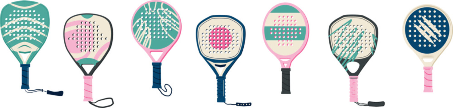 Padel tennis rackets and balls isolated. Various shapes palas equipment set. Diamond, round and teardrop shapes sports accessories collection. Vector flat illustration on white background