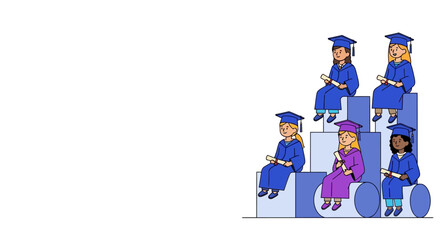 Naklejka premium Diverse group of kindergarten graduates in caps and gowns sitting on tiered steps holding diplomas, celebrating achievement