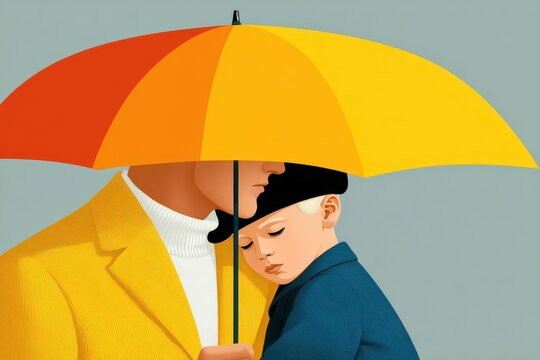 Father holding yellow umbrella over sad little boy in protective embrace during a quiet moment