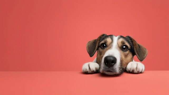 One cute Jack Russell dog peeking over a table edge in a bright red studio.