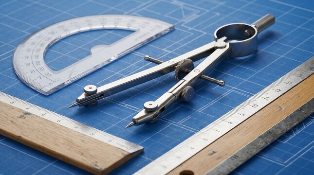 Metal Compass Protractor and Rulers on Blueprint Paper | Math and Geometry School Supplies
