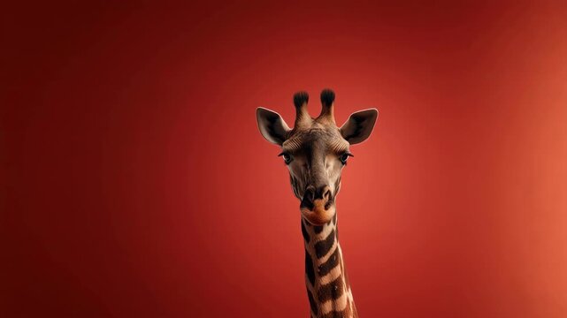One tall beautiful giraffe looking directly at the camera in a red studio view.