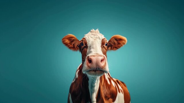 One cute brown and white farm cow staring at the camera in a blue studio space.