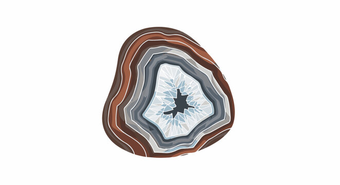 A sliced agate with layered brown and grey bands surrounding a blue crystal cavity