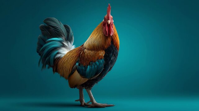 One beautiful colorful farm rooster standing proudly in a blue studio setting.