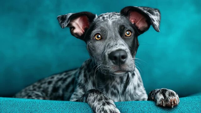 One cute spotted dog tilting its head in a vibrant blue studio.