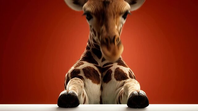 One curious giraffe peeking over a white ledge in a vibrant red studio.