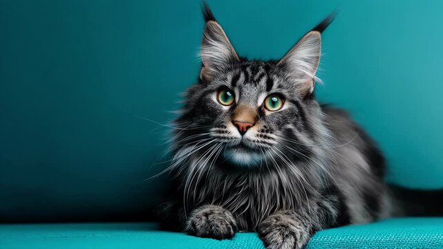 One large fluffy cat looking gracefully around in a vibrant blue studio.