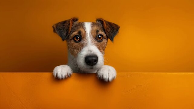 One cute brown and white dog peeking over an orange ledge in a studio.