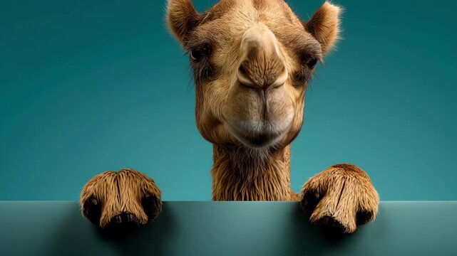 One funny camel peeking over a blue ledge and raising a hoof in studio.