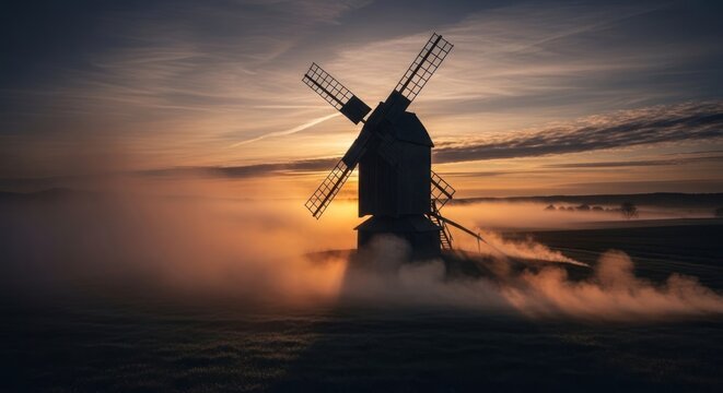 Silhouette of a traditional windmill during a fiery sunrise, shrouded in mist