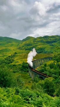 A vintage train traverses a high, arched viaduct amidst rolling green hills, its steam billowing into a cloudy sky, showcasing a timeless, scenic journey.