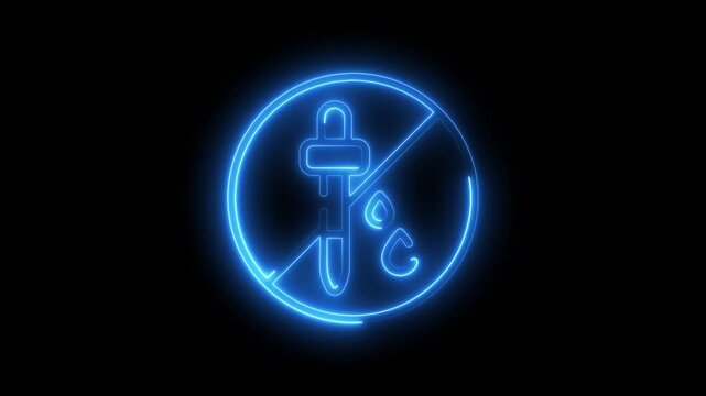 Neon blue prohibition sign with a syringe and droplet symbol on a black background indicating no or medication allowed