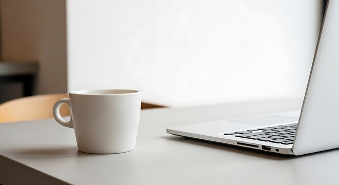 A white ceramic mug sits beside a silver laptop on a light grey desk, suggesting a quiet workspace or a coffee break.