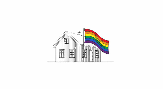 A sketch of a house with a rainbow flag waving on a flagpole